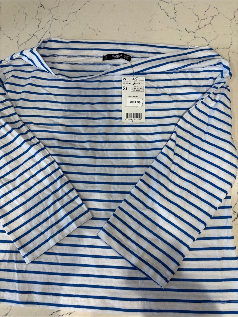 Mango White and Blue Striped Long-Sleeve Boatneck Top Sz XS NWT